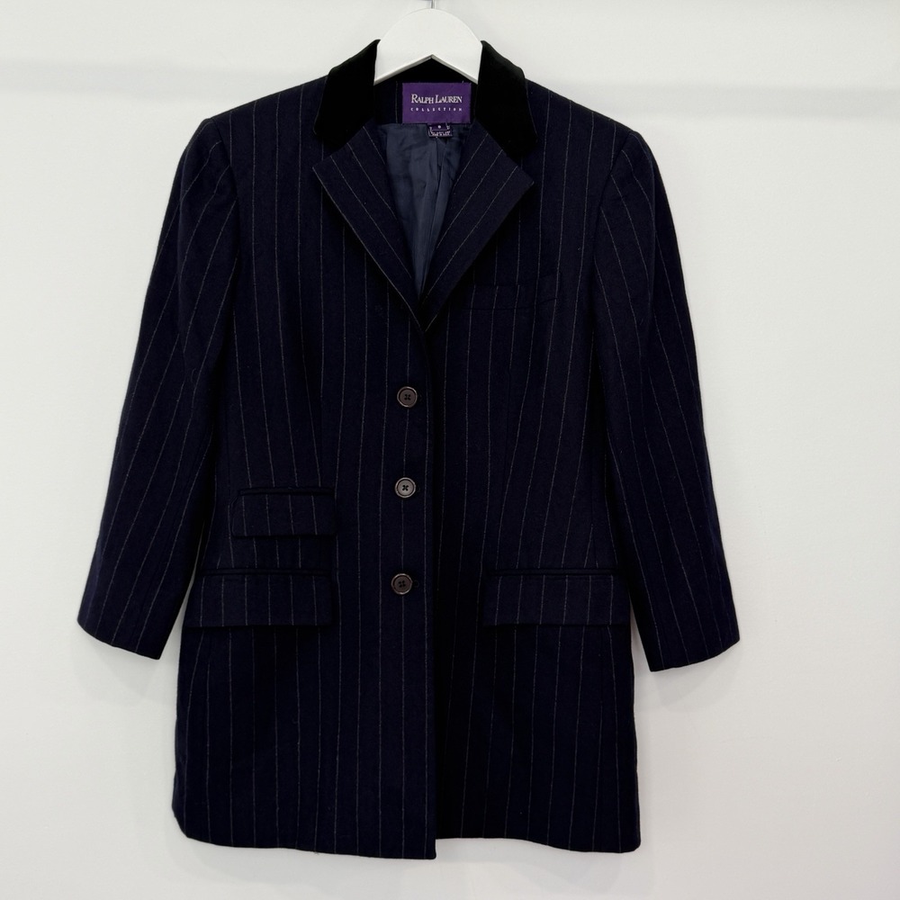VTG Ralph Lauren Purple Label Women's Wool Jacket Blazer 8 Navy Pinstripe USA